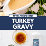 Oval dish of turkey gravy next to sliced turkey and herbs, with ingredients below: chicken broth, black pepper, flour, and turkey drippings. Text reads From Drippings Turkey Gravy. sweetlysplendid.com.