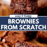 Close-up of thick, fudgy brownies stacked on top of each other, showing a rich, moist texture. Text overlay reads “Easy & Fudgy Brownies From Scratch” with the website sweetlysplendid.com at the bottom.