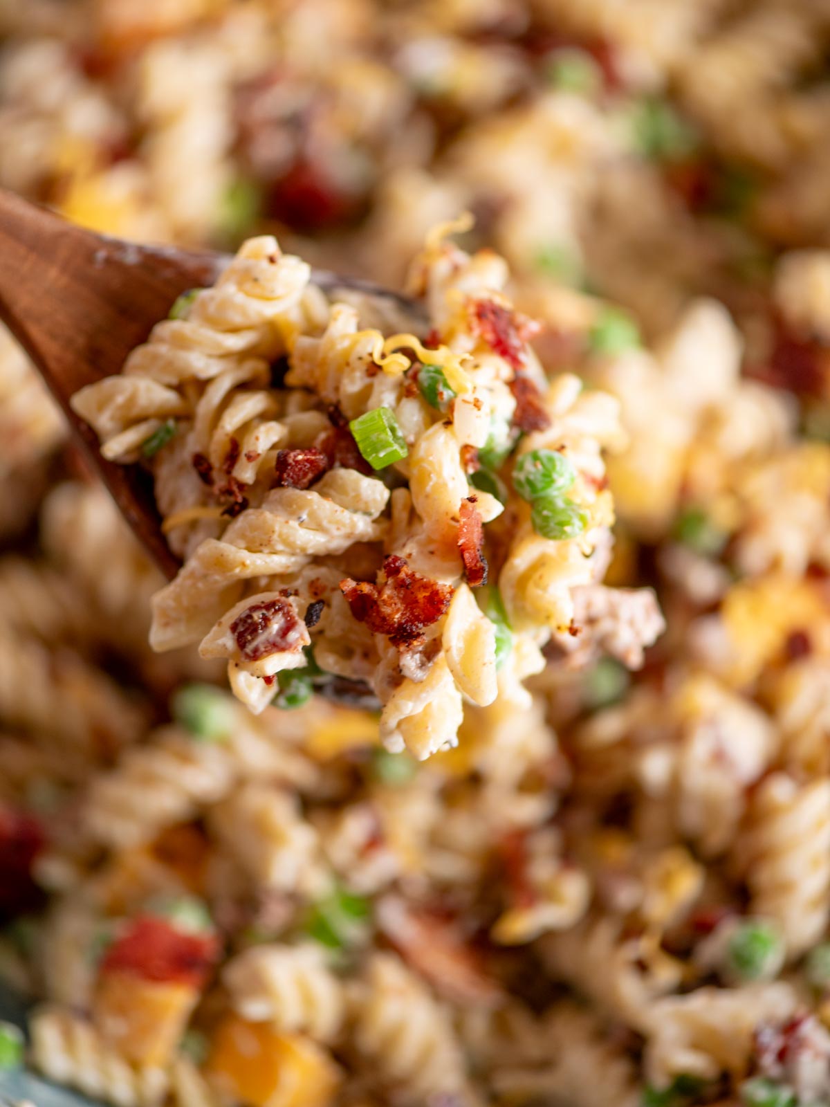 A close-up of a wooden spoon holding creamy rotini pasta mixed with bacon bits, chopped green onions, and small pieces of yellow cheese. The background shows more of the same pasta salad.
