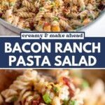 A close-up of creamy bacon ranch pasta salad with rotini pasta, bacon bits, cheese, and chopped green onions in a bowl. Text overlay reads Bacon Ranch Pasta Salad and sweetlysplendid.com.