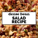 A close-up of a colorful bean salad containing chickpeas, kidney beans, sun-dried tomatoes, red onions, and herbs, with a spoon scooping some out. Text on the image reads dense bean salad recipe.