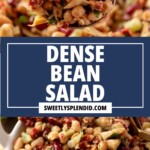 A colorful bean salad with white and red beans, chopped sun-dried tomatoes, and herbs is shown in a bowl. A spoonful is being lifted, displaying the salad’s rich texture and ingredients.