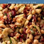 A close-up of a bowl filled with mixed bean salad, including kidney beans, white beans, artichoke hearts, sundried tomatoes, and chopped herbs. Text overlay reads Bean Salad and sweetlysplendid.com.