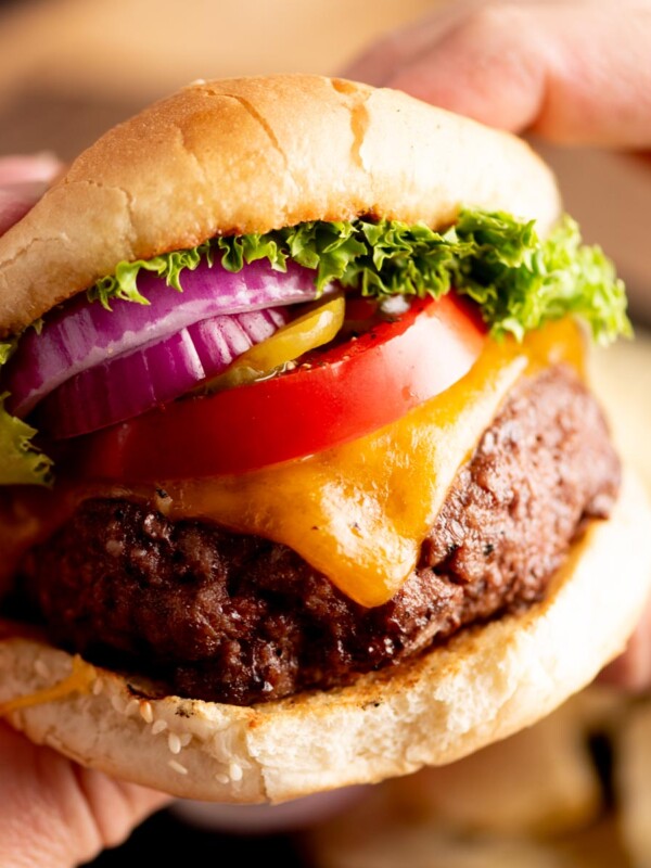 A close-up of hands holding a cheeseburger with a beef patty, melted cheddar cheese, tomato slices, red onion, pickles, and lettuce in a bun.