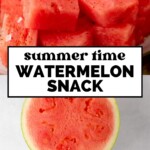 Cubes of watermelon on a plate, with a sliced watermelon, limes, salt, and Tajin seasoning below. Text reads: “Summer time watermelon snack.” Website: sweetlysplendid.com.
