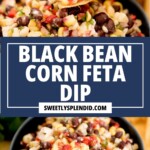 A hand dips a tortilla chip into a bowl of colorful Black Bean Corn Feta Dip. Text reads: Black Bean Corn Feta Dip, sweetlysplendid.com. This vibrant dip contains black beans, corn, feta, and diced vegetables.