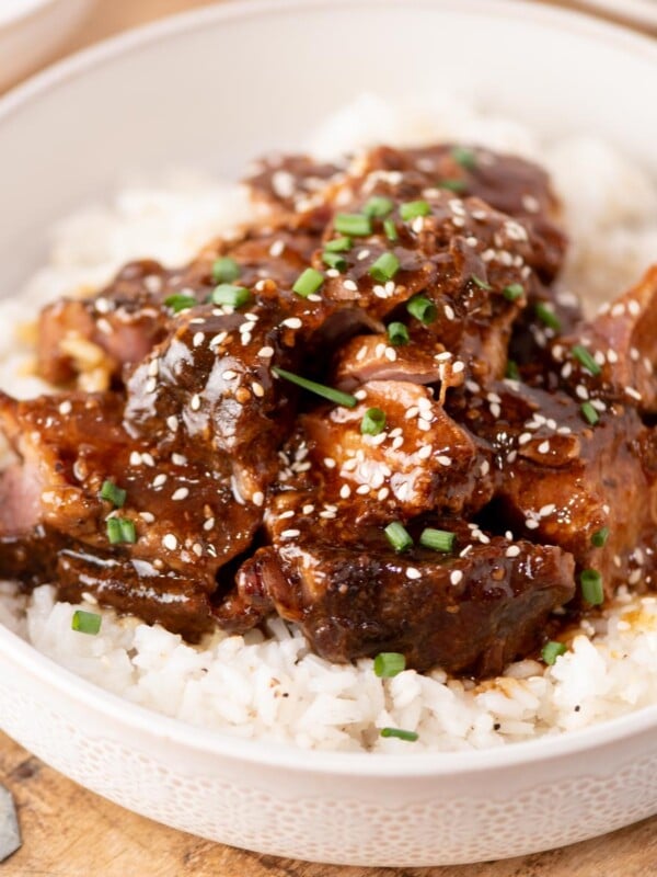 A bowl of white rice topped with braised meat in a dark sauce, garnished with sesame seeds and chopped green onions.