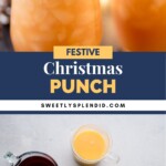 Two glasses of Christmas punch garnished with cranberries and rosemary, and below, ingredients displayed: cranberry juice, orange juice, pineapple juice, and a bottle of Canada Dry ginger ale on a white surface.