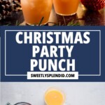Two festive cocktails with ice, cranberries, and rosemary, surrounded by ornaments; text reads Christmas Party Punch with a website link. Below are pitcher of juice, pitcher of punch, and a bottle of ginger ale.