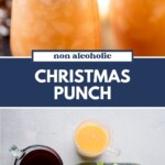 Two festive glasses of non-alcoholic Christmas punch with ice, cranberries, and rosemary; below, ingredients include cranberry juice, orange juice, and a bottle of Canada Dry ginger ale on a table.