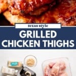 Close-up of glazed grilled chicken thighs, assorted spices and seasonings in jars, oil, salt, and raw chicken thighs in a container on a white surface. Text reads: Texas style Grilled Chicken Thighs..