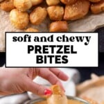 A tray of golden pretzel bites with flaky salt and a bowl of cheese dip. A hand dips a pretzel bite into the cheese sauce. Text reads: soft and chewy PRETZEL BITES and sweetlysplendid.com..
