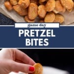 A bowl of cheese dip surrounded by golden brown pretzel bites. A hand dips a pretzel bite into the cheese sauce. Text reads Game Day Pretzel Bites and sweetlysplendid.com..