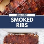 Close-up of smoked ribs with a crispy crust, one rib partially eaten, above two racks of ribs on foil. Game day smoked ribs text overlay and sweetlysplendid.com at the bottom.