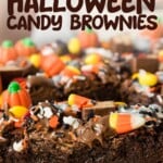 Fudgy Halloween candy brownies topped with candy corn, chocolate pieces, and festive sprinkles.