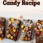 Four chocolate brownies topped with various Halloween candies, including candy corn and chocolate bars, on a white rectangular platter. Text at the top reads Best Leftover Halloween Candy Recipe.