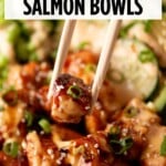 Chopsticks holding a piece of glazed teriyaki salmon above a bowl topped with green onions and sesame seeds, with the text TERIYAKI SALMON BOWLS overlaid at the top.