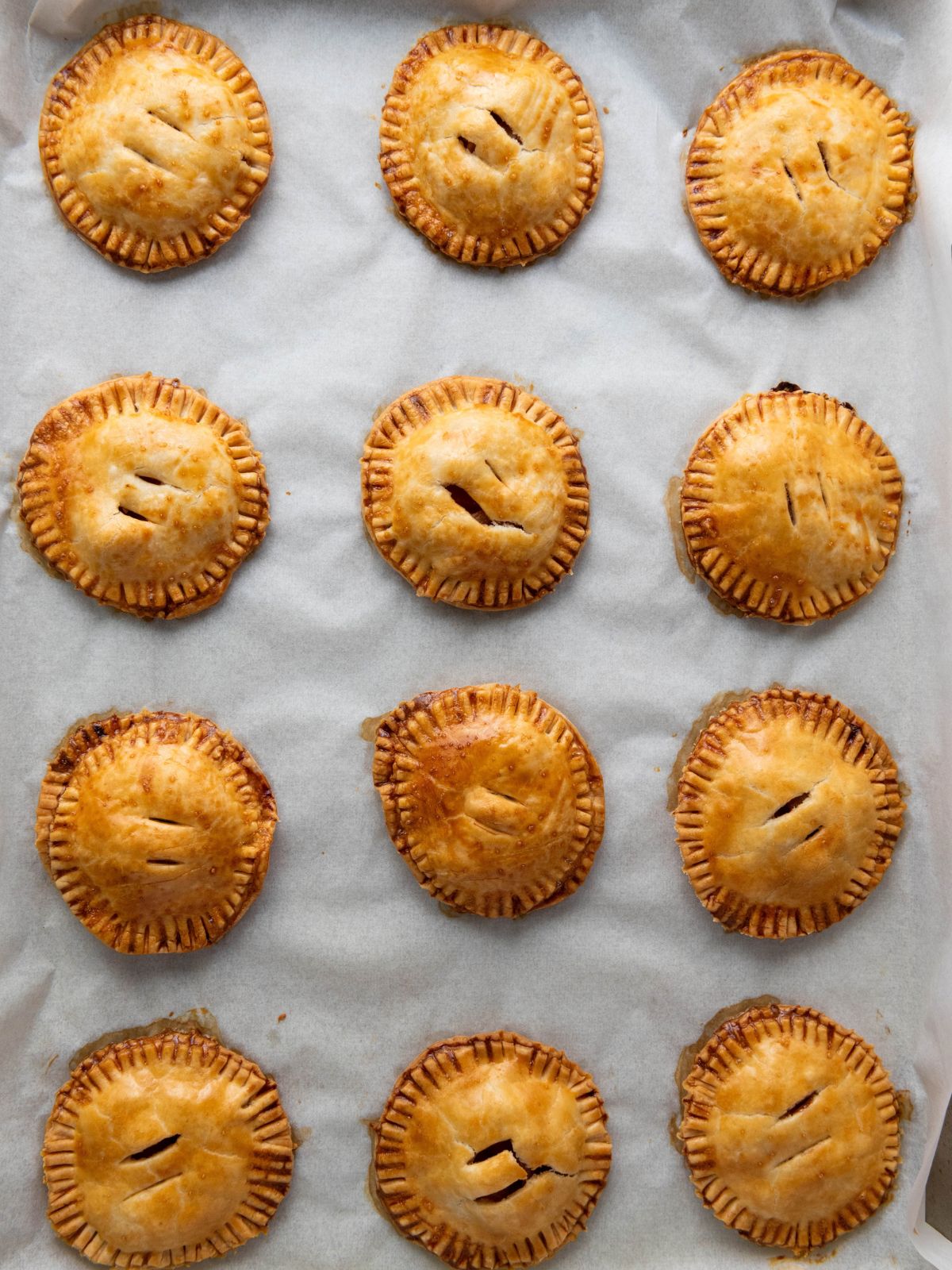 Twelve golden-brown, round mini pies arranged in a grid on a parchment-lined baking sheet.