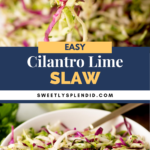 A fork lifts a bite of vibrant cilantro slaw with green and purple cabbage, served in a white bowl. Text overlay reads: Easy Cilantro Lime Slaw, sweetlysplendid.com.