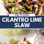 A closeup of zesty cilantro lime slaw with shredded cabbage and carrots in a bowl, with a fork lifting a bite. Text reads Easy to make slaw and sweetlysplendid.com at the bottom.