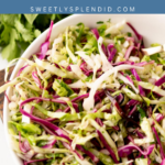 A bowl of colorful Cilantro Lime Slaw with shredded cabbage, purple cabbage, and cilantro sits on a white surface. Cilantro Lime Slaw and sweetlysplendid.com appear above in blue and white text.